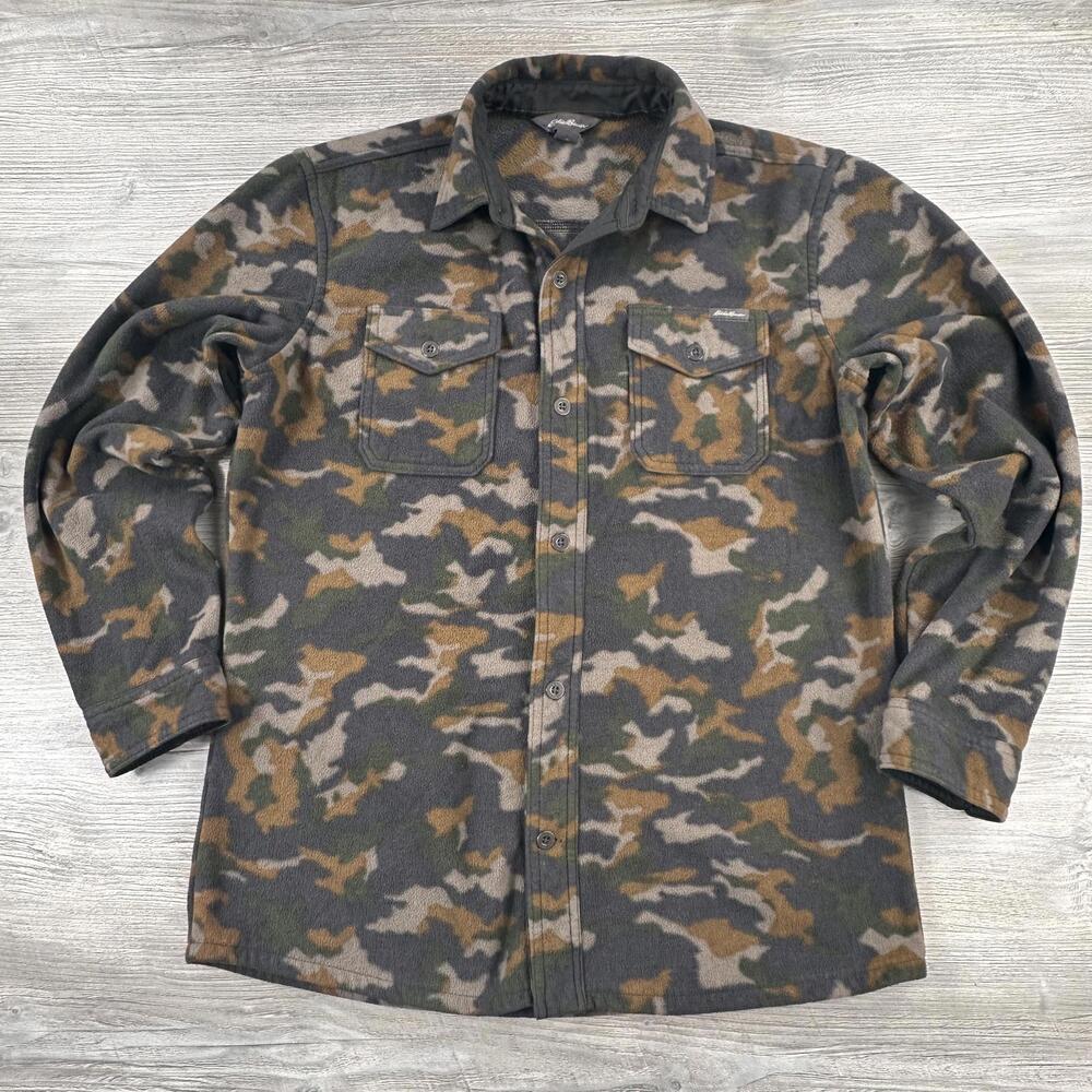 Eddie Bauer Shirt Mens Medium Gray Green Orange Woodland Camo Fleece Buttun Up